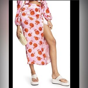 Topshop Pink Cheetah Floral Print Satin Slip Slit Midi Skirt Size small